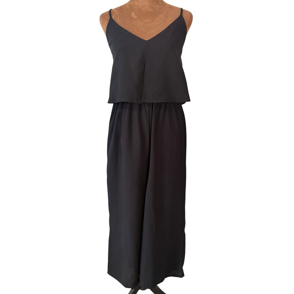 French Kiss Jumpsuit Romper Women M Black Cropped Wide Leg Adjustable Strap NWOT